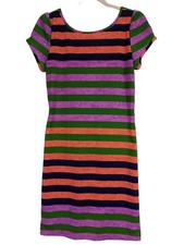 Francescas Women size M Blue Rain Dress Green Pink Striped Lined Zipper Back