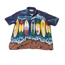 VTG Paradise Found Shirt Men L Short Sleeve AOP Rayon Surf Boards Beach EUC