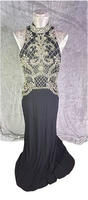 Cachet Beaded Evening Gown Size 8 Open Back Art Deco Halter Dress