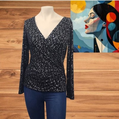 White House Black Market Starburst Print Ruched Wrap Blouse Women s Size M 