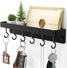Black Key Holder Wall Mount, Stainless Steel Self Adhesive Hooks Rack with Shelf