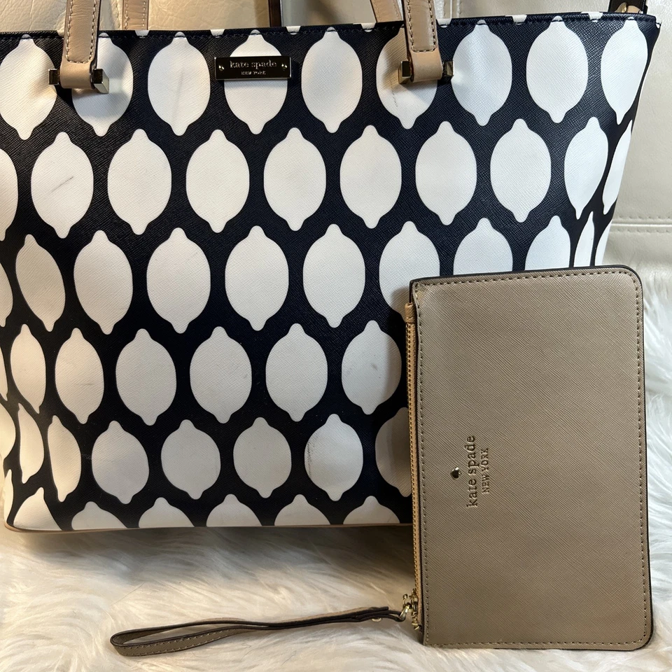 Kate Spade Bag Wristlet Lemon Toss Blue White Large Shopper Tote Grant Str 17x10 - Image 2 of 4