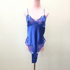 VTG Victoria s Secret Gold Label Blue Satin Lace Teddy Bodysuit Womens Size M