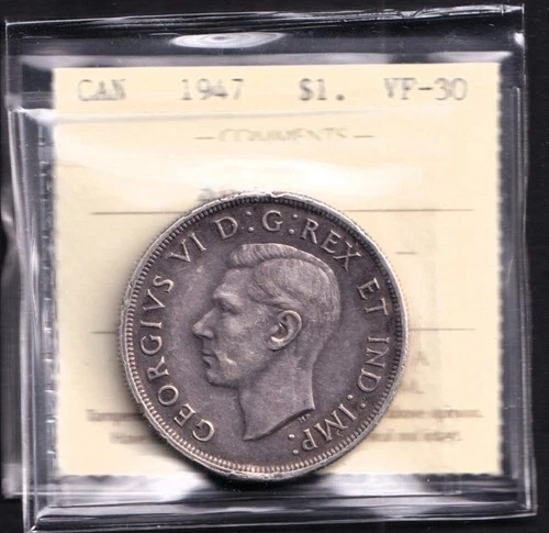 Canada 1947 $1 One Silver Dollar ICCS Certified VF-30 Blunt 7 Variety Rare Date