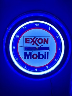 Mobil Exxon Oil Gas Service Station Garage Man Cave Neon Style LED Clock Sign