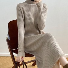 Womens Mock Neck Long Sleeves Tassel Patchwork Midi Knitted Sweater Dress Casual