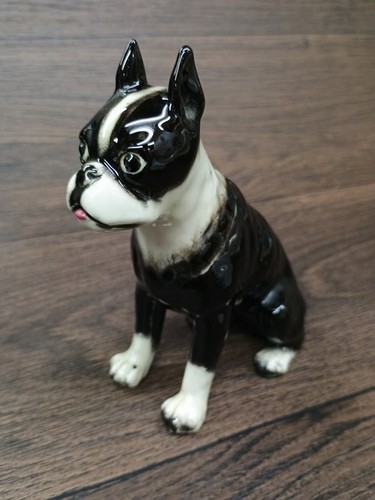 Vintage Black White Boston Terrier 5-1/2" Porcelain Dog 1950's FIGB72