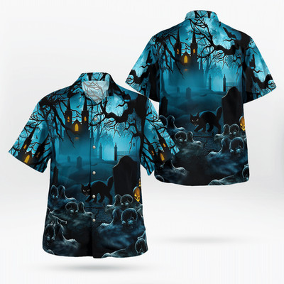 Gloomy Night Haunted Castle Black Cat Scary Halloween Spooky Hawaiian Shirt For