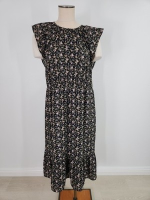 J Crew Mercantile Size Large Superbloom Black Floral Midi Dress Chiffon