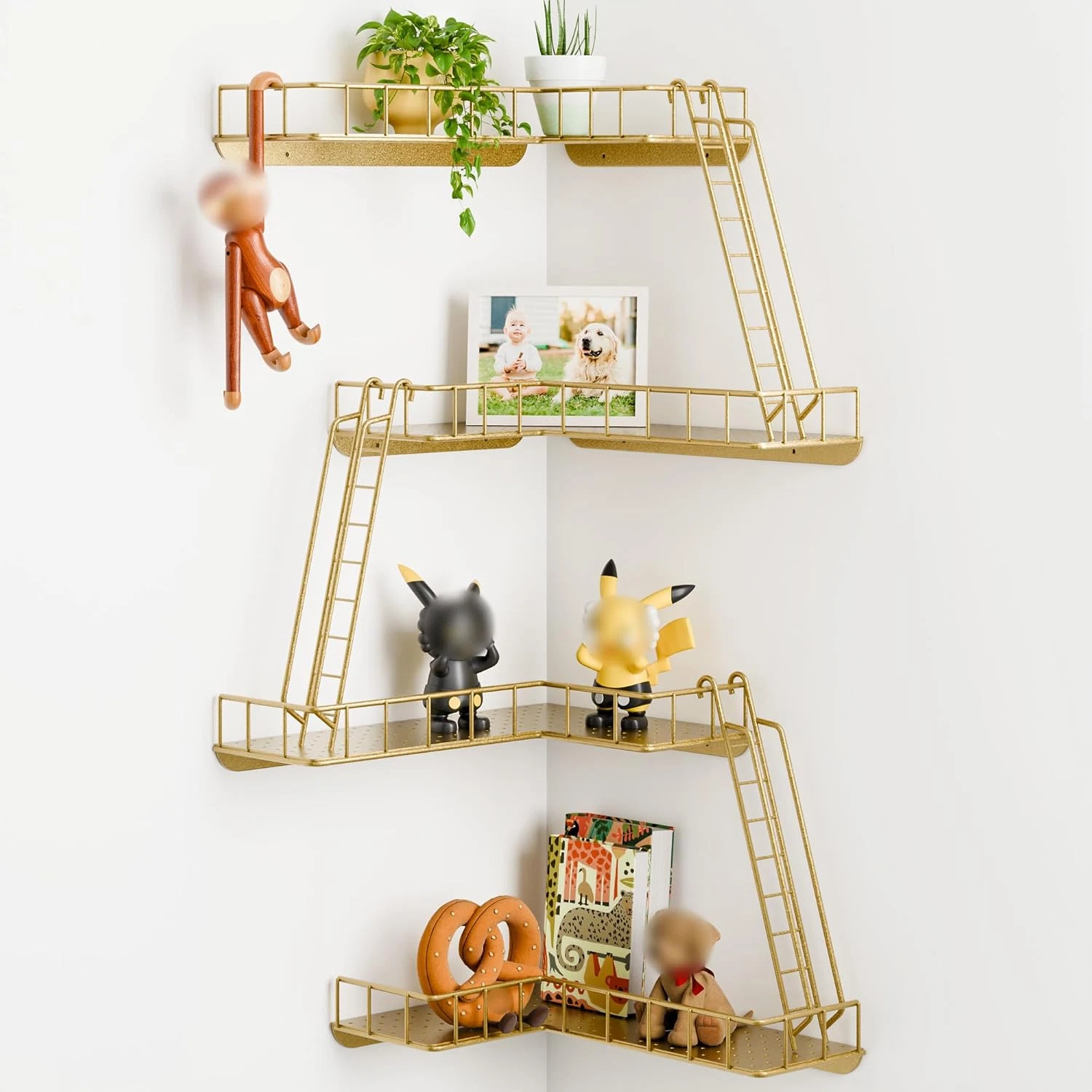 Gold 4-Tier Corner Wall Shelf - Modern Metal Ladder for Home Decor & Figures