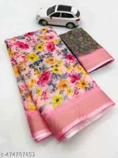 New Linen Cotton Sari With Unstitched Blouse Piece Party Wedding Wear For Women