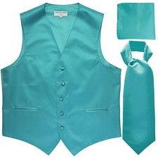 New Men's aqua blue formal vest Tuxedo Waistcoat ascot  hankie set prom wedding