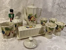 Vintage Royal Sealy 9pc. Breakfast Set. Fruit Pattern Double Egg, Pitcher, More!