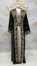 Fancy Kaftan Abaya Hoody 3Pc Dazzling Sequins Women Maxi Dress Long Sleeve Black