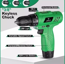 12V Cordless Drill 3/8" Keyless Chuck, 25 Drill Bits  1.5AH Battery No Charger