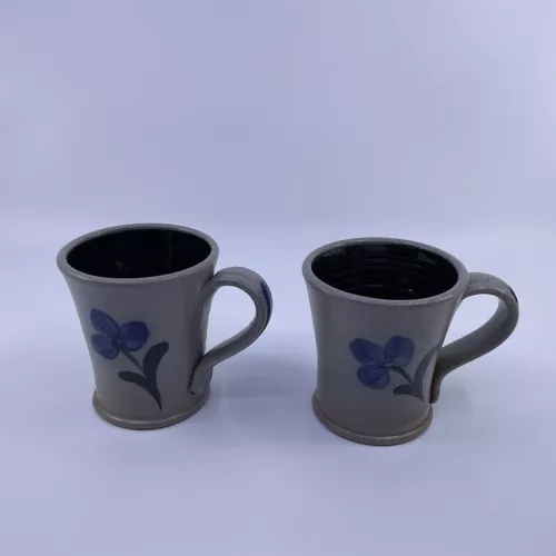 Set Of 2 Rowe Pottery Works Salt Glazed Blue Flower Mug Coffee / Tea Cup - 2001