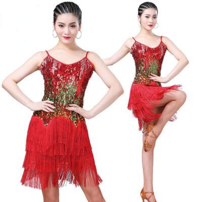 Lady Glitter Dancing Slip Dress Sequins Latin Dancewear Fringe Modern  Ballroom | eBay