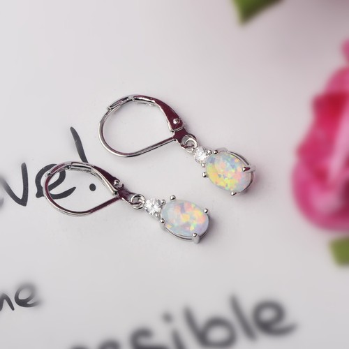 Oval White Gold Fire White Opal Drop Earrings Silver Filled For Women Girl - Picture 5 of 8