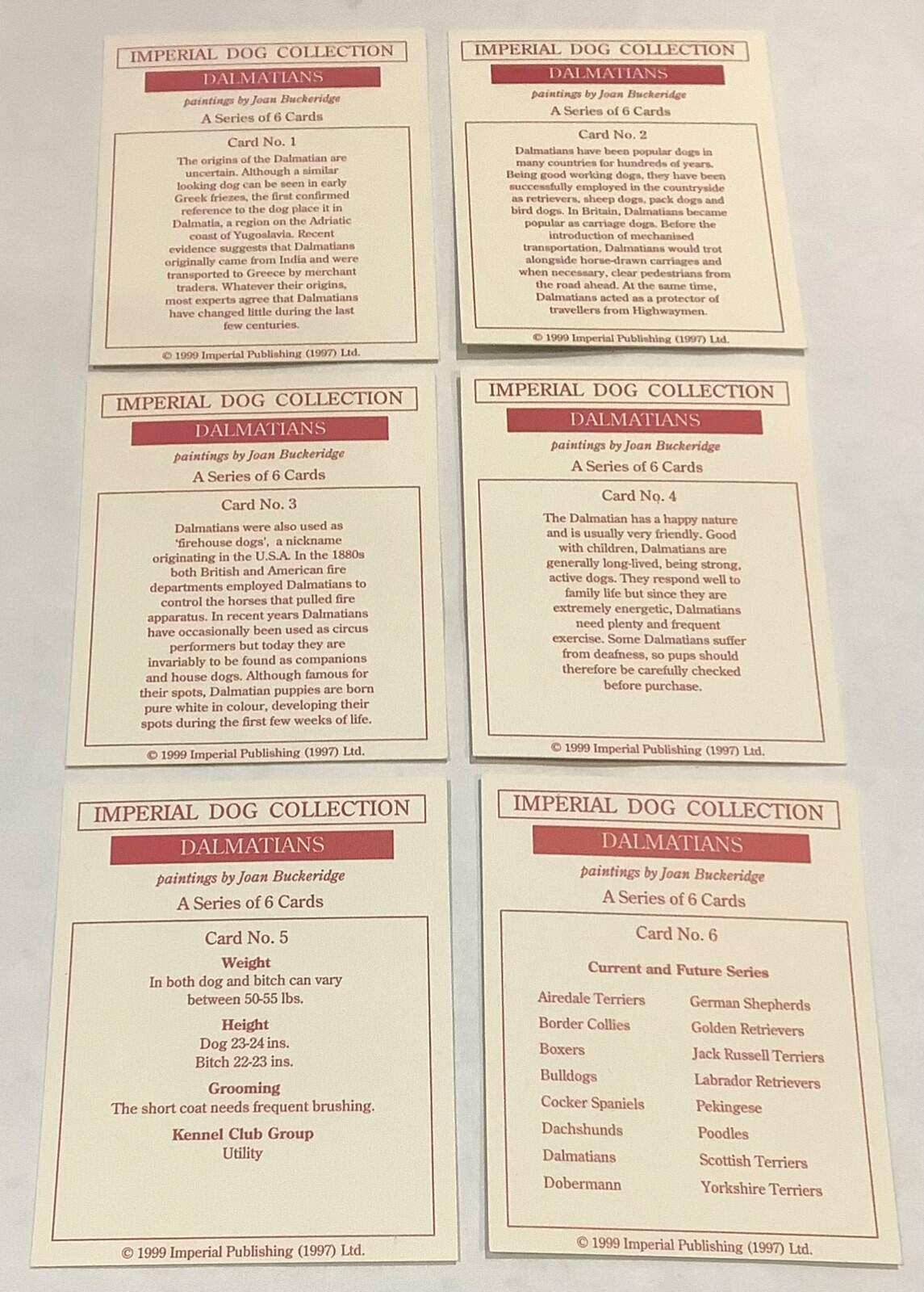 Dalmatians Set Of 6 Trade Cards Imperial Publishing Dog Collection 1999 - Picture 2 of 3