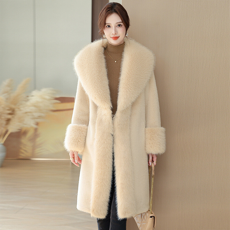 Winter Mink Fur Coat Women Winter Fox Fur Collar Thicken Warm Long