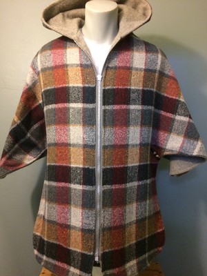Vtg 60s 70s Ladies Wool Hooded Poncho Zip Up Coat Womens L