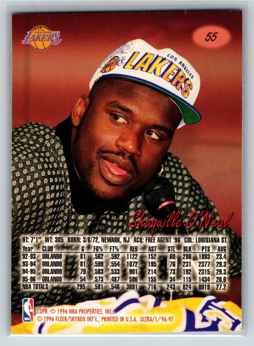 タイムセール！早い者勝ち(^-^)　ハーモニッ Shaquille O'Neal 1996 Ultra #55 Los Angeles Lakers | eBay