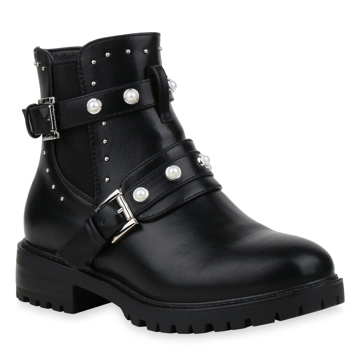 Damen Stiefeletten Gefütterte Stiefel Biker Boots Strass 818858