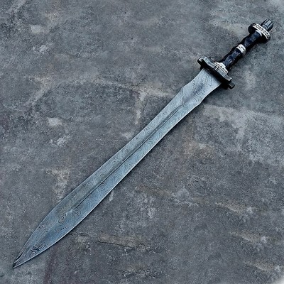 STUNNING HANDMADE DAMASCUS STEEL DOUBLE EDGE VIKING SWORD BATTLE READY W/ SHEATH