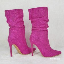 Resolve Sparkling Pink Rhinestone High Heel Slouch Calf Boots New Years Bling