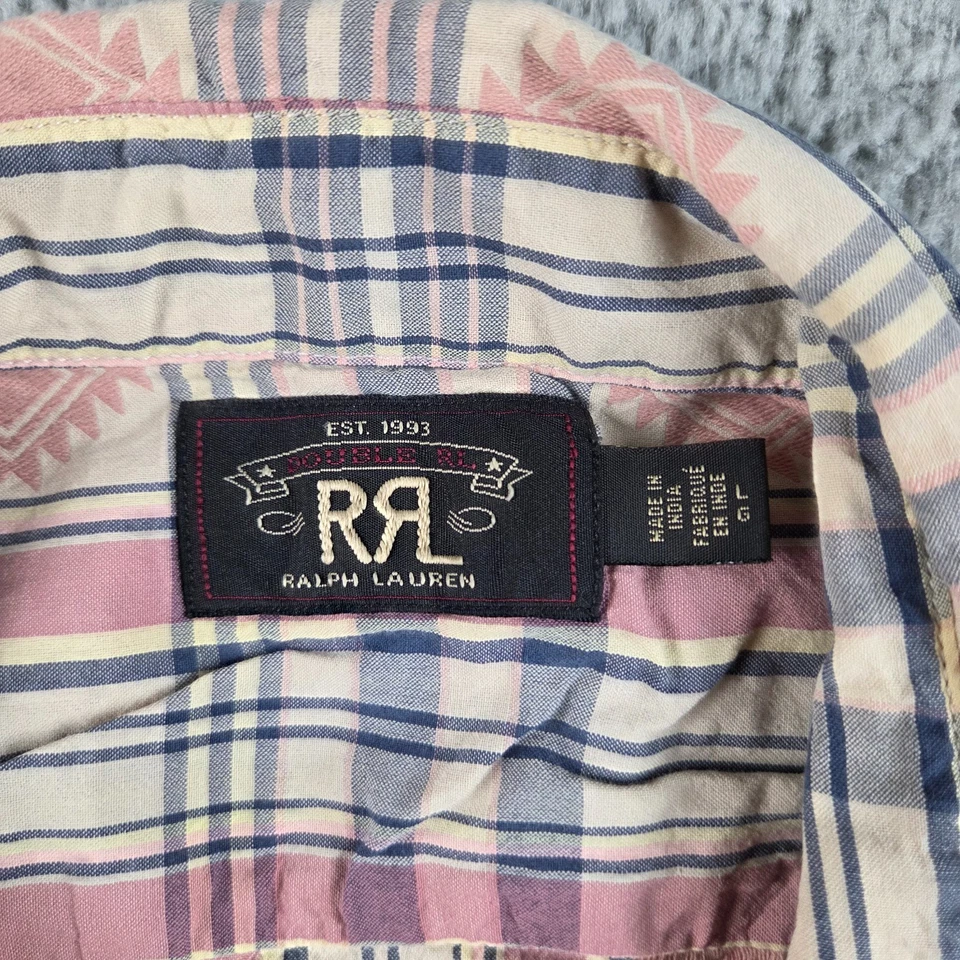 RRL Shirt Mens L Polo Ralph Lauren Aztec Jacquard Madras Workshirt Pink Western - Image 3 of 4