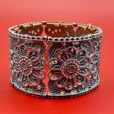 Turquoise Tone Patina Floral Filigree Wide Stretch Bracelet Statement Vintage