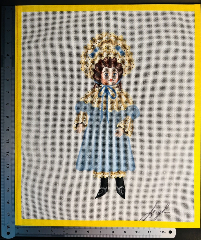 MUÑECA DE PORCELANA VICTORIANA - Lienzo de punta de aguja pintado a mano vintage 15x18" - Nuevo de Lote Antiguo Foto 3 de 4