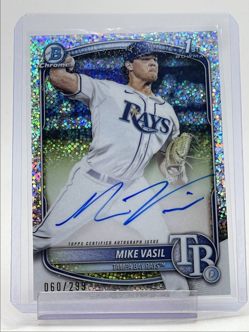 MIKE VASIL 2025 BOWMAN CHROME 1ST SPECKLE REFRACTOR RAYS AUTO /299 Q5194