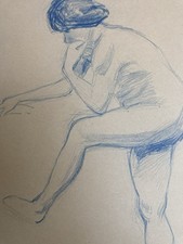 Antik Akt Zeichnung Bleistift Auf Papier Frau 1910 Erotik Art Déco Blau Stehend