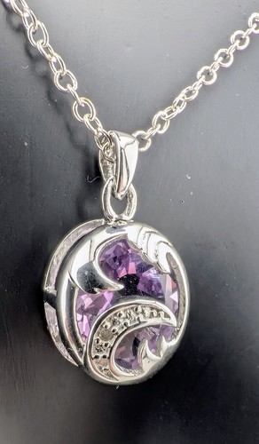 Genuine Diamond Amethyst Pendant 18" Chain 925 Sterling Silver