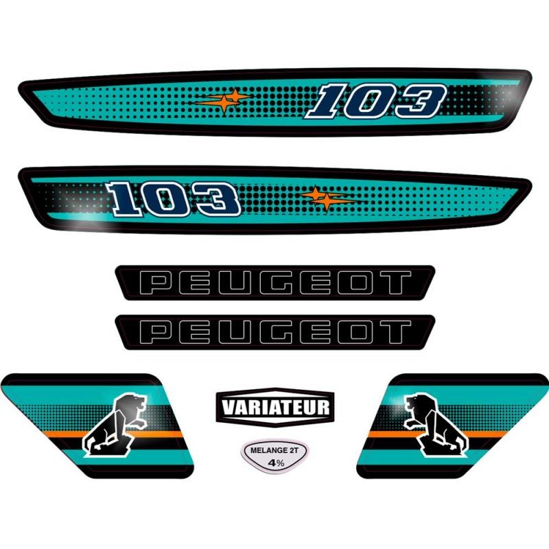 Autocollants Peugeot 103 SP turquoise kit déco complet pour personnalisation mobylette peugeot