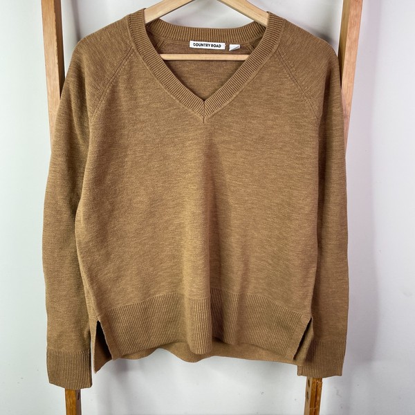 Country Road V Neck Jumper Womens Small Camel Cotton Linen Blend Minimalist