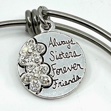 VTG Inspirational Sisters Forever Bangle Bracelet Silver Tone Crystal Charm Y2K