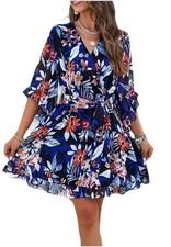 Women Mini Dress, Deep V-Neck Long Sleeve Waist Tie Ruffle Black Dress, Size S