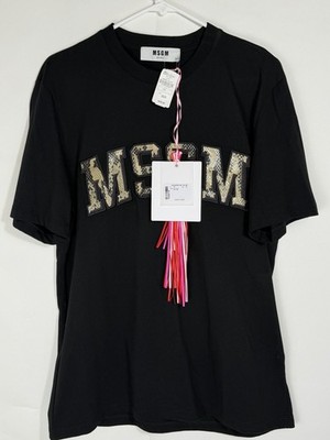 MSGM Milano T Shirt XS Black Faux Snakeskin Python Patch Logo Tee Neiman Marcus