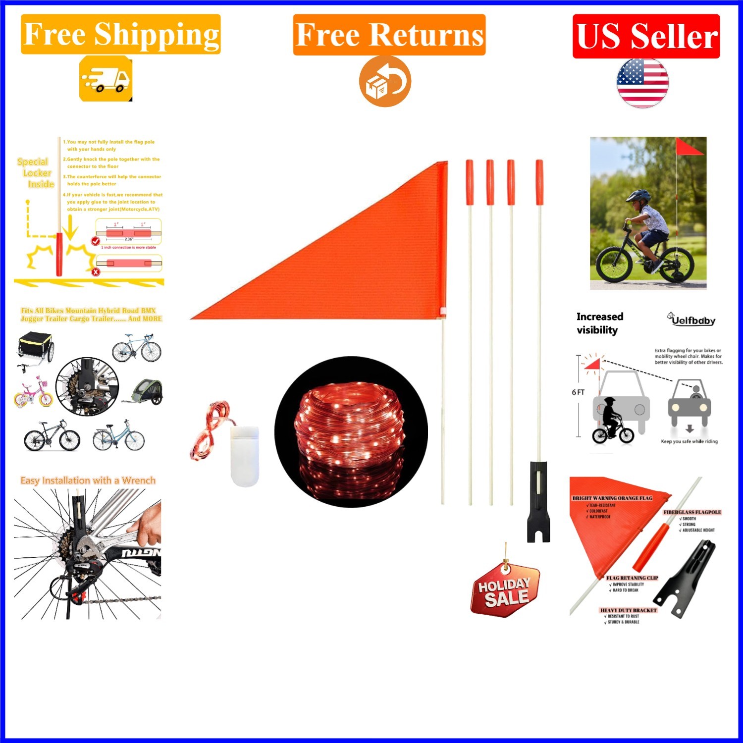 6ft Adjustable Orange Bike Safety Flag with Fiberglass Pole & Lights