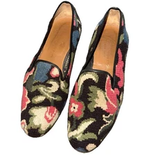 Stubbs & Wootton Floral Black Print Slipper Shoes Needlepoint Tapestry Sz 9