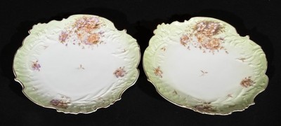 Bavarian China Plates (2) Hand Painted Details Green Embossed Gold Trim 8''
