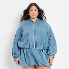 Women's Denim Bubble Bomber Jacket - Future Collective Blue Denim 3X