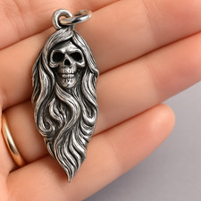 Handcrafted S925 Sterling Silver Skull Pendant – Gothic Long Hair Reaper Design