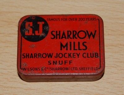 Vintage leere Weißblech Metall Wilsons SJ Sharrow Mills Jockey Club Schnupftabakdose #417