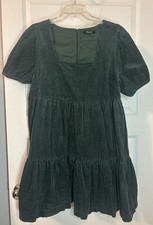 Madewell Hunter Green A Line Dress Tiered Corduroy Puff Sleeve SZ 12 100% Cotton