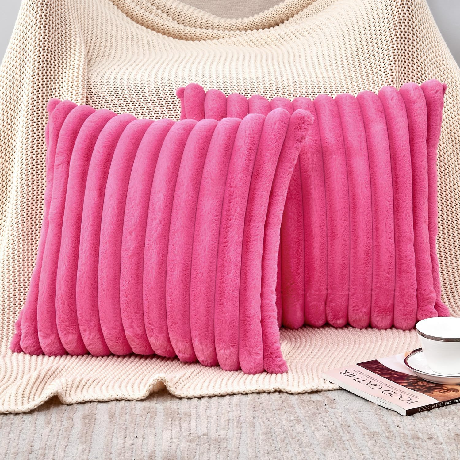 Throw Pillow Covers Hot Pink Decorative Faux Fur Set of 2 24X24 Inch Pillow Cove-image