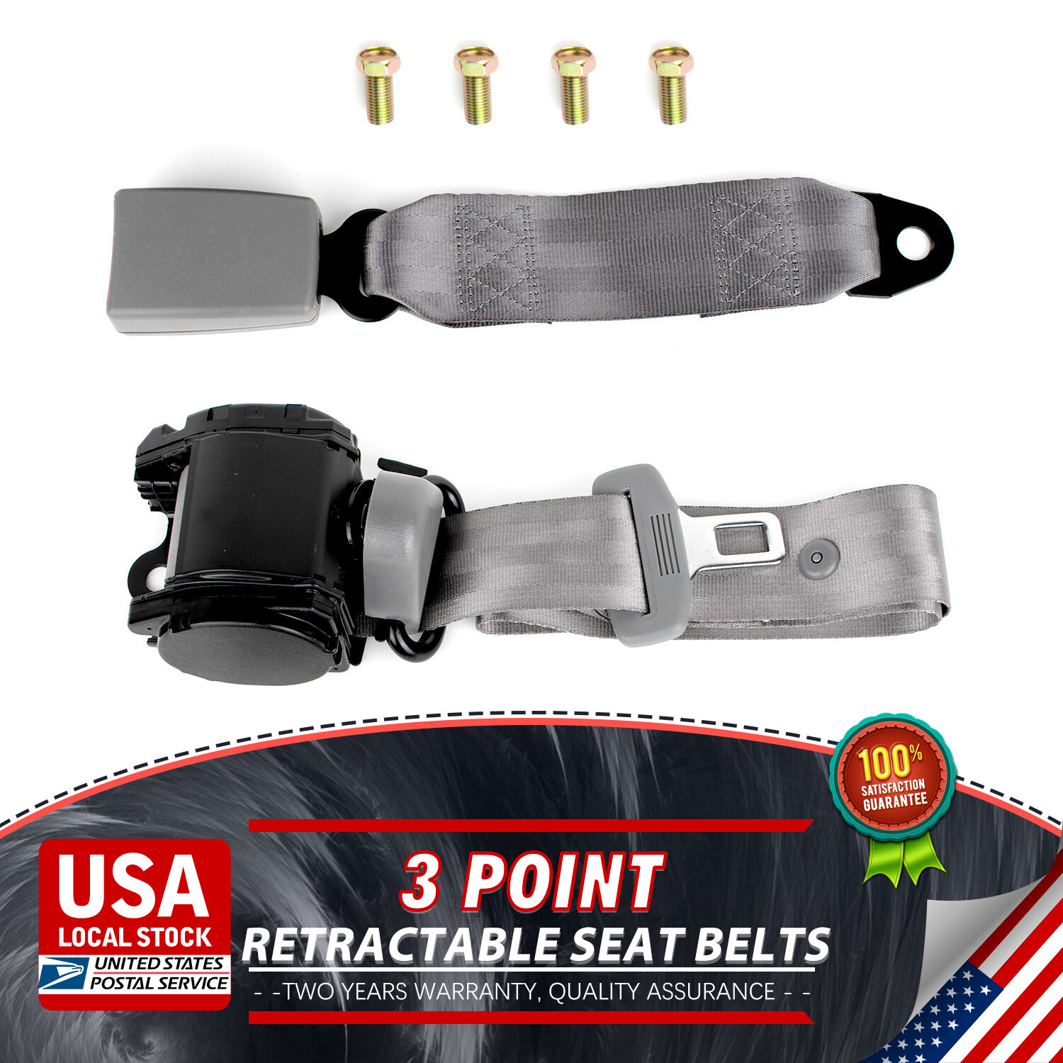 3-Point Retractable Grey Car Safety Seat Belt Adjustable Vehicle Straps Kit