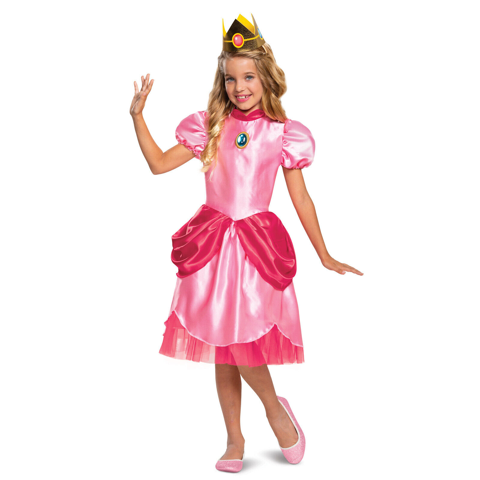 Girls Princess Peach Super Mario Halloween Costume Pink Dress Crown S M L 4T-12